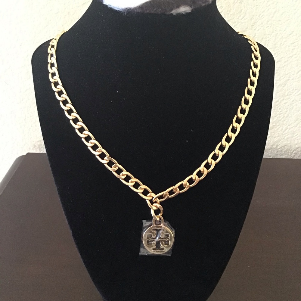 Tory Burch Gold Chain Necklace with Logo Pendant